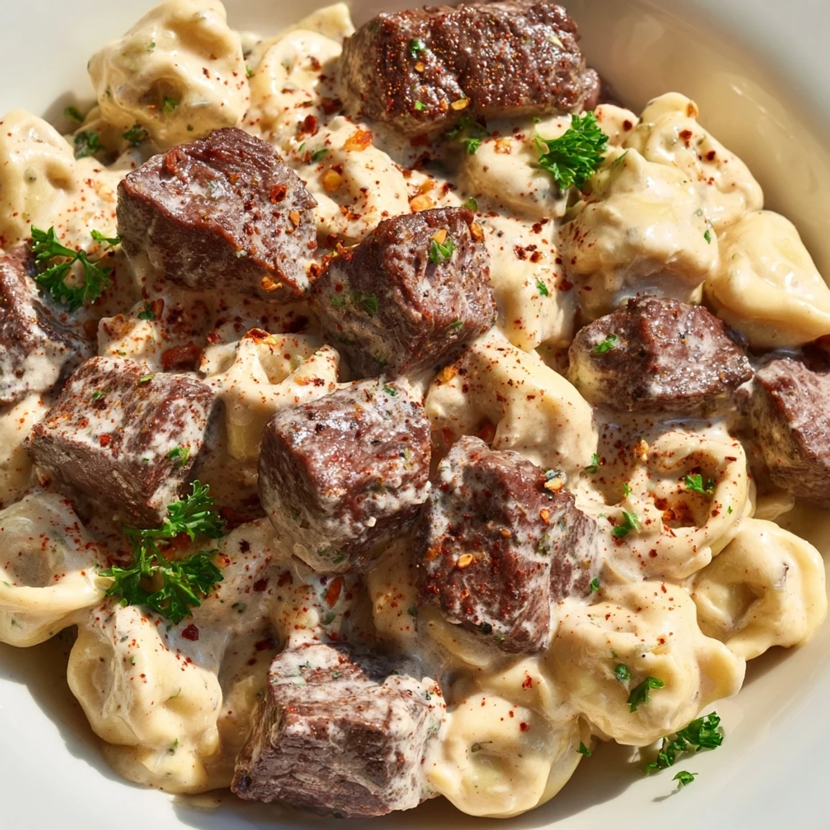 Garlic steak tortellini plated in a skillet, garnished with fresh parsley and extra Parmesan cheese.