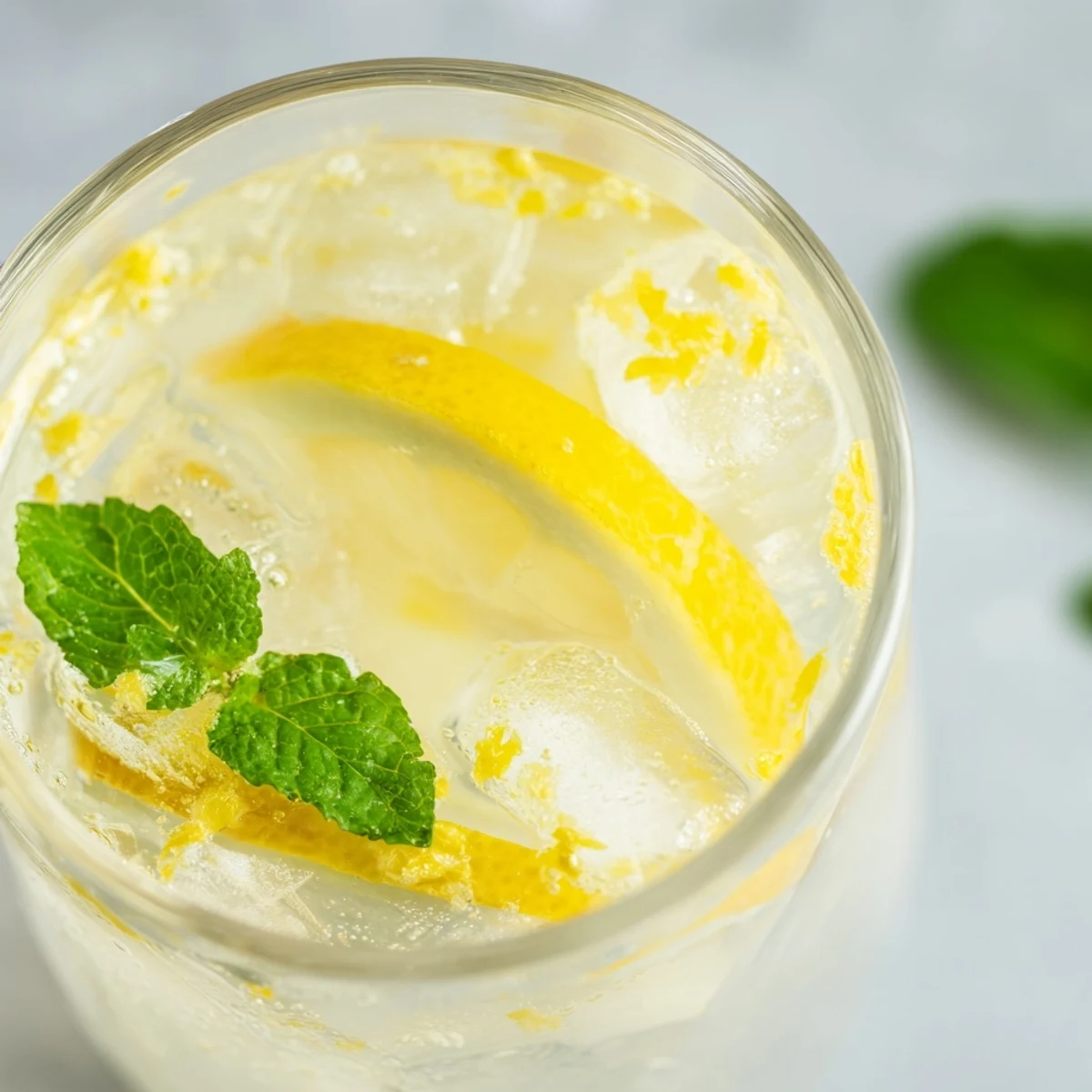 A tall glass of Easy Limoncello Mocktail Refreshing Drink over ice cubes with sparkling bubbles and fresh lemon zest.