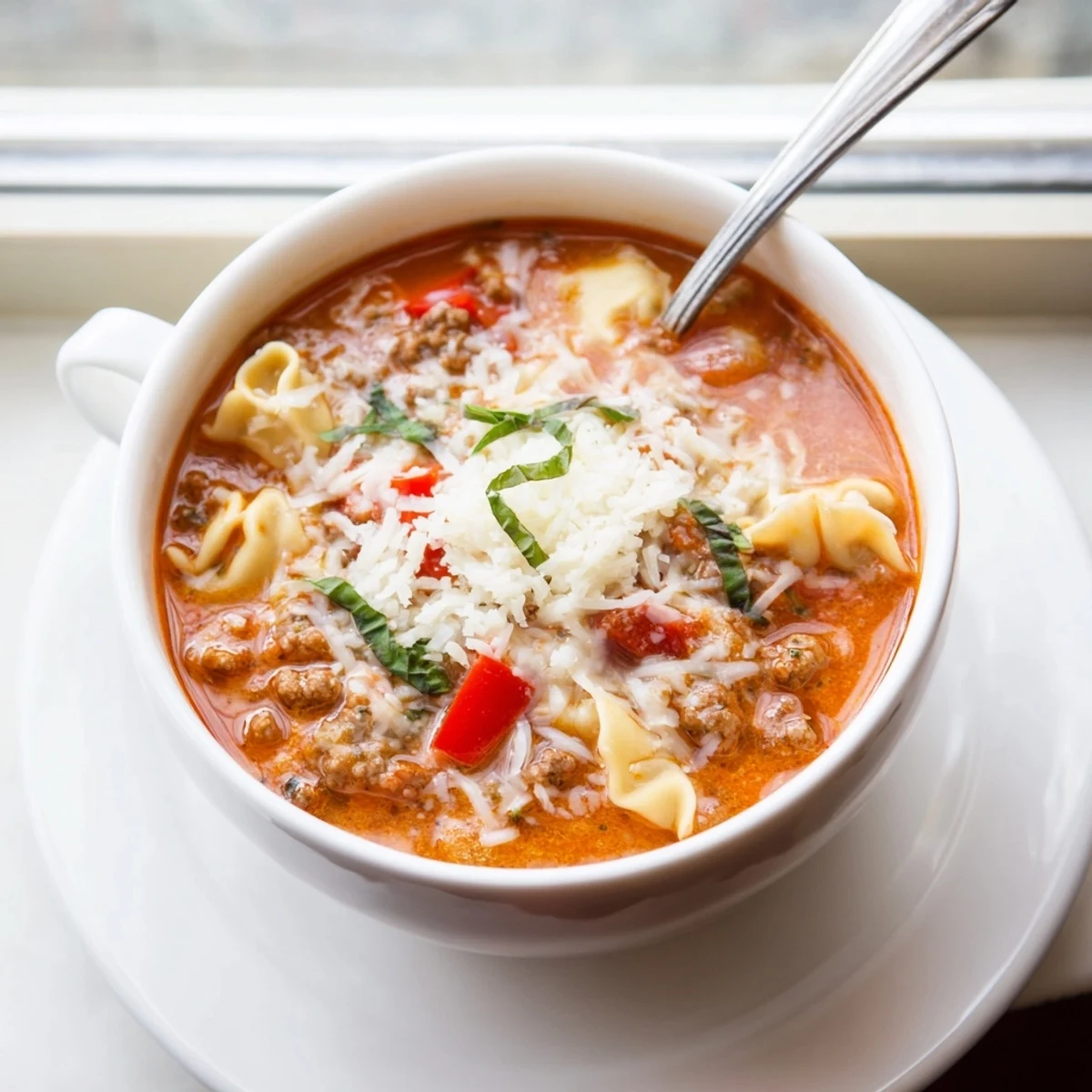 A steaming bowl of Lasagna Soup with Tortellini showcases cheesy pasta in a rich tomato broth with Italian sausage.