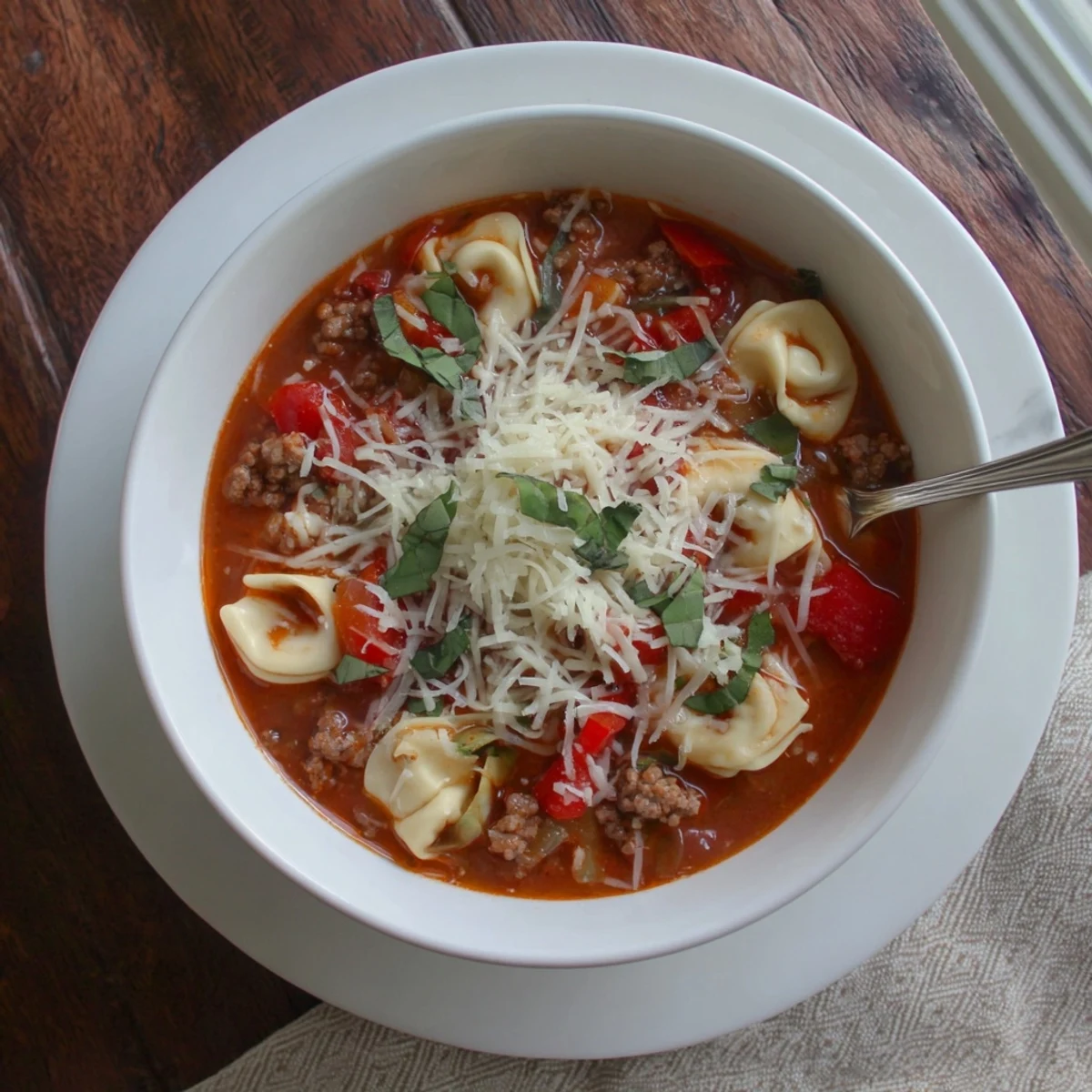 Enjoy Lasagna Soup with Tortellini topped with melted mozzarella and fresh basil, served beside crusty bread for dipping.