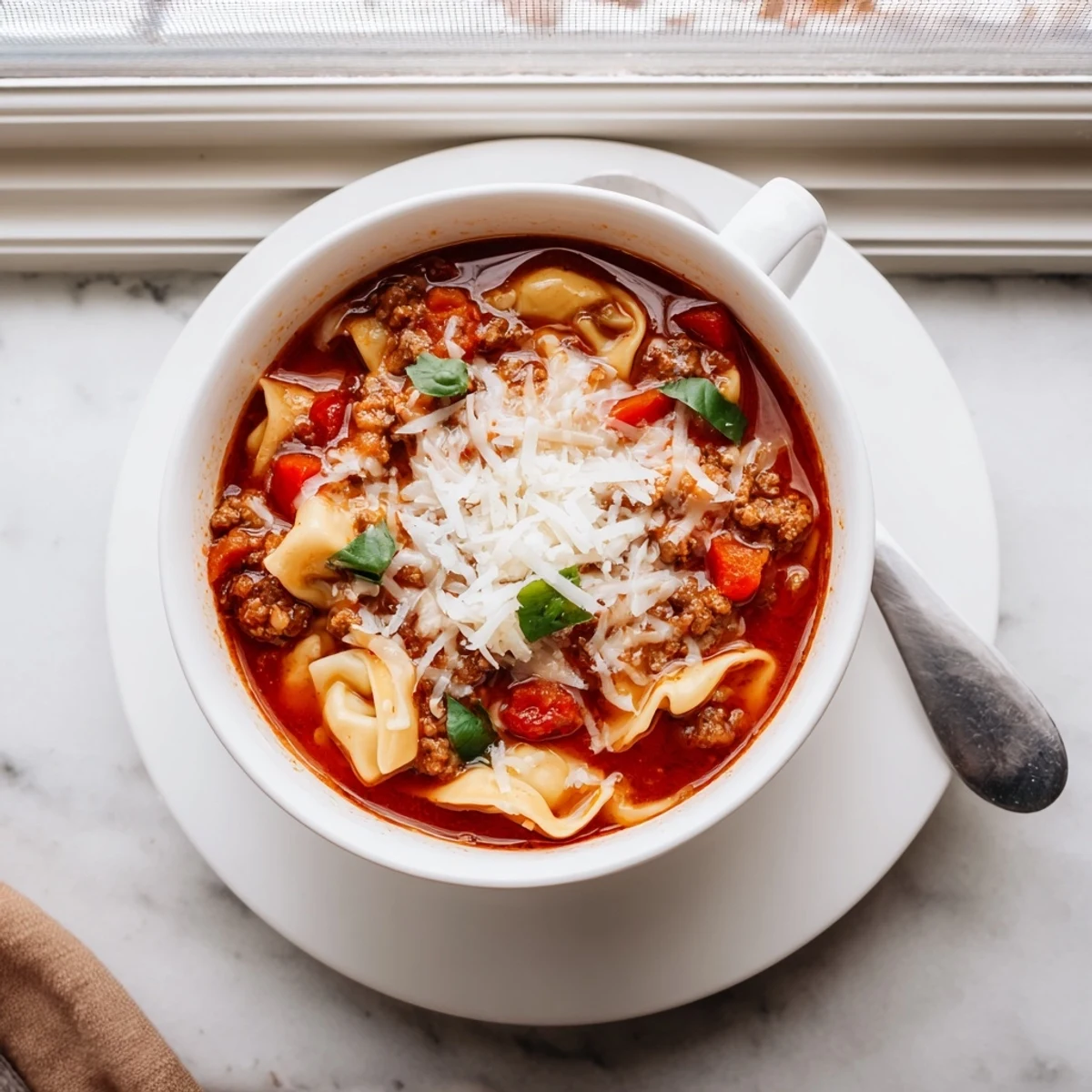 Close-up of Lasagna Soup with Tortellini in a rustic pot, featuring tender tortellini, red bell peppers, and herbs.
