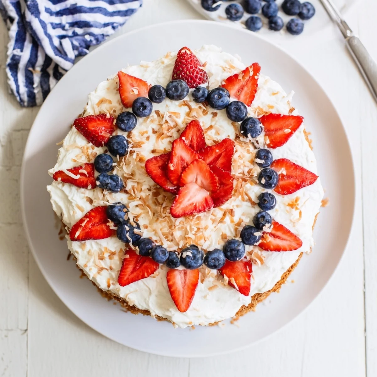 Moist Pineapple Coconut God Bless America Cake layers with creamy frosting and patriotic berries on a white plate.  