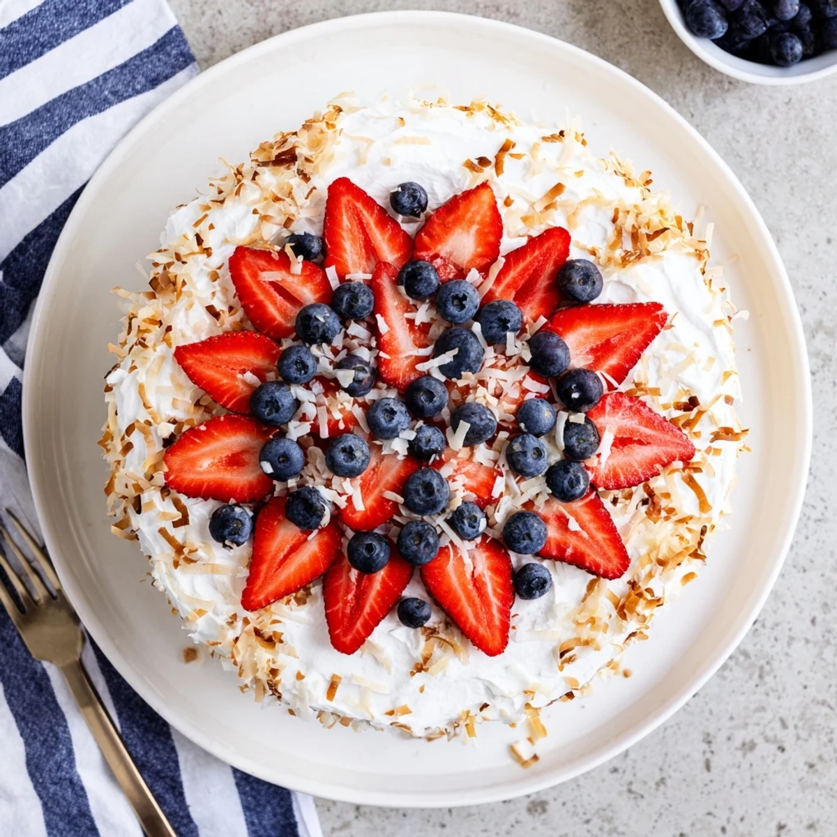Sliced piece of Pineapple Coconut God Bless America Cake showing fluffy texture and fresh strawberry and blueberry topping.  