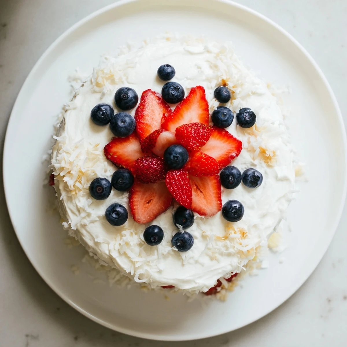 Golden baked Pineapple Coconut God Bless America Cake decorated with swirls of cream cheese frosting and tropical fruit.