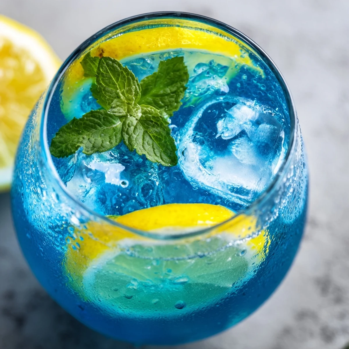 A refreshing glass of Blue Spirulina Lemonade garnished with mint and lemon slices on a sunny table.  