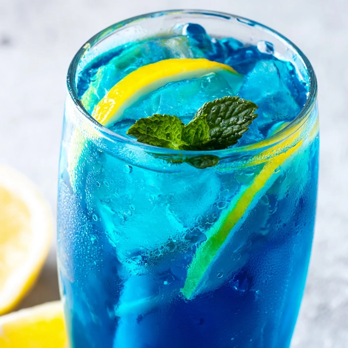 Close-up of vibrant blue Blue Spirulina Lemonade being poured into a glass over ice cubes.  