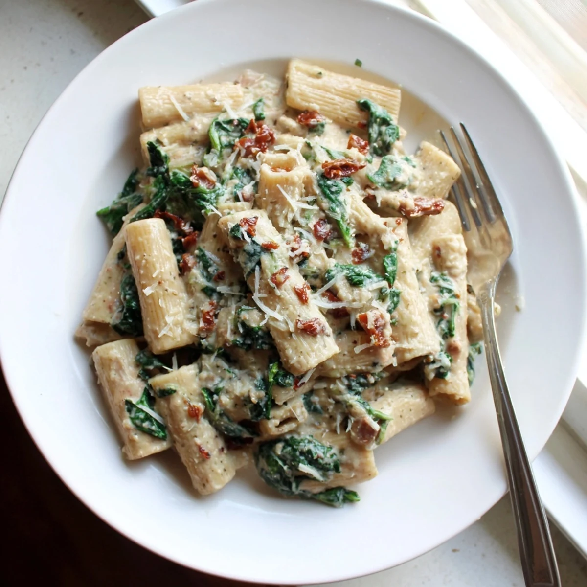 A close-up of Creamy Tuscan Garlic Sauce in a white bowl, garnished with fresh parsley and served alongside grilled chicken breast.
