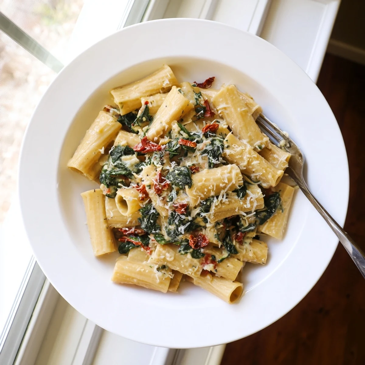 A bowl of Creamy Tuscan Garlic Sauce tossed with penne pasta, showing a rich and velvety texture perfect for dinner.