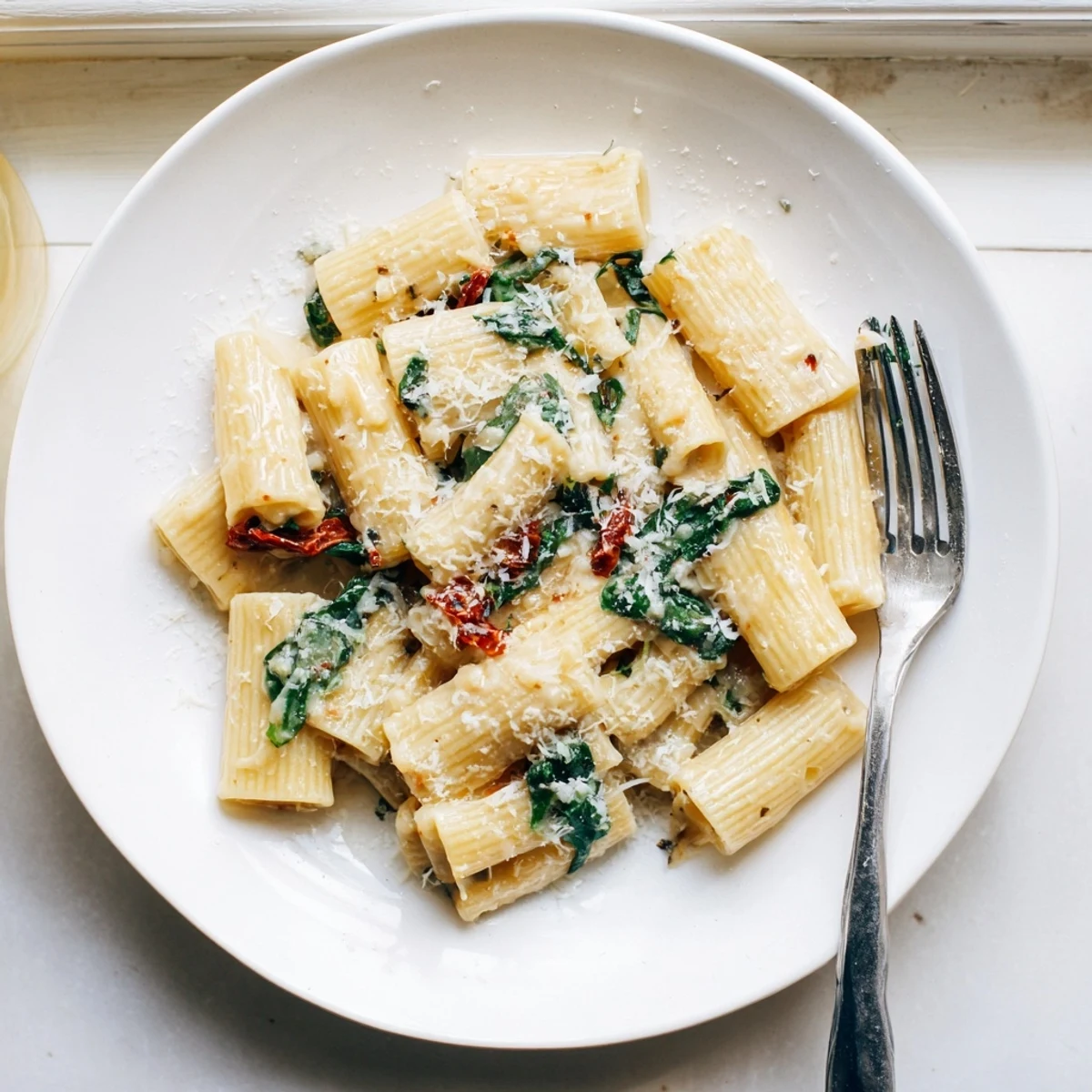 Creamy Tuscan Garlic Sauce in a rustic skillet, featuring wilted spinach and vibrant sun-dried tomatoes glistening with olive oil.