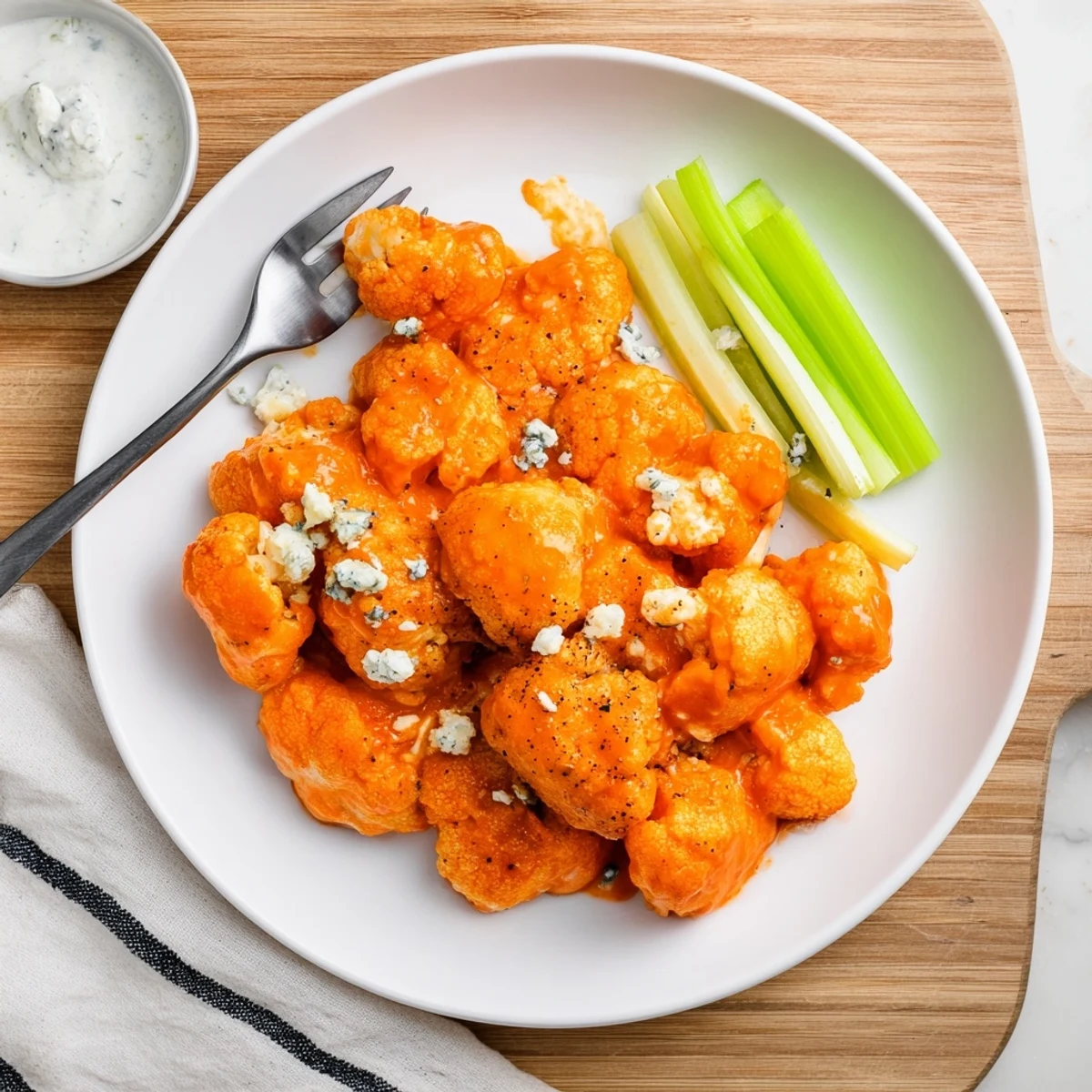 Freshly cooked Air Fryer Buffalo Cauliflower florets, perfectly crisp and spicy, topped with a drizzle of buffalo sauce and ready to be dipped in ranch.