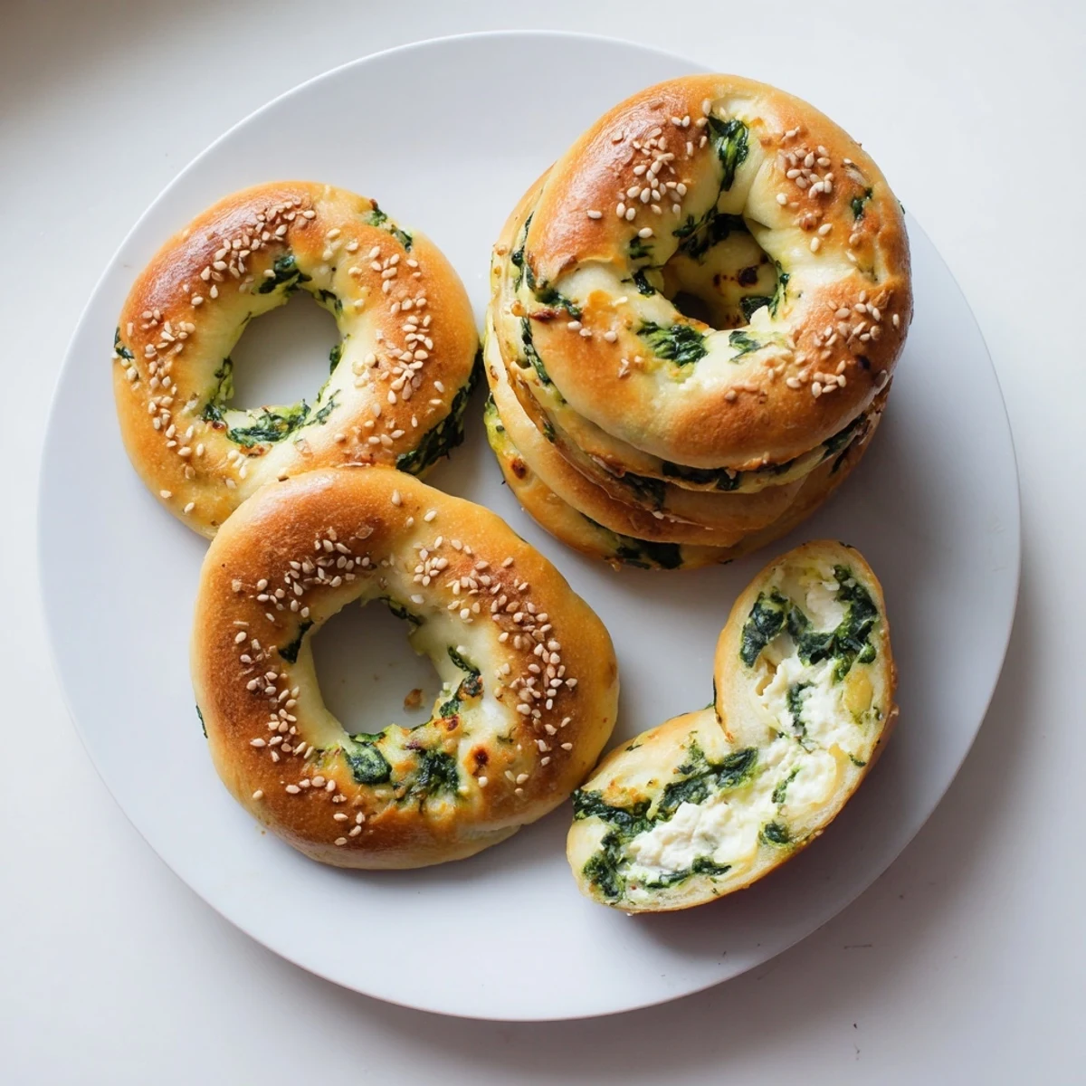Golden-brown, seed-topped spinach cottage cheese flagels rest on a wire rack, their chewy flat rings dotted with tender green spinach pieces.