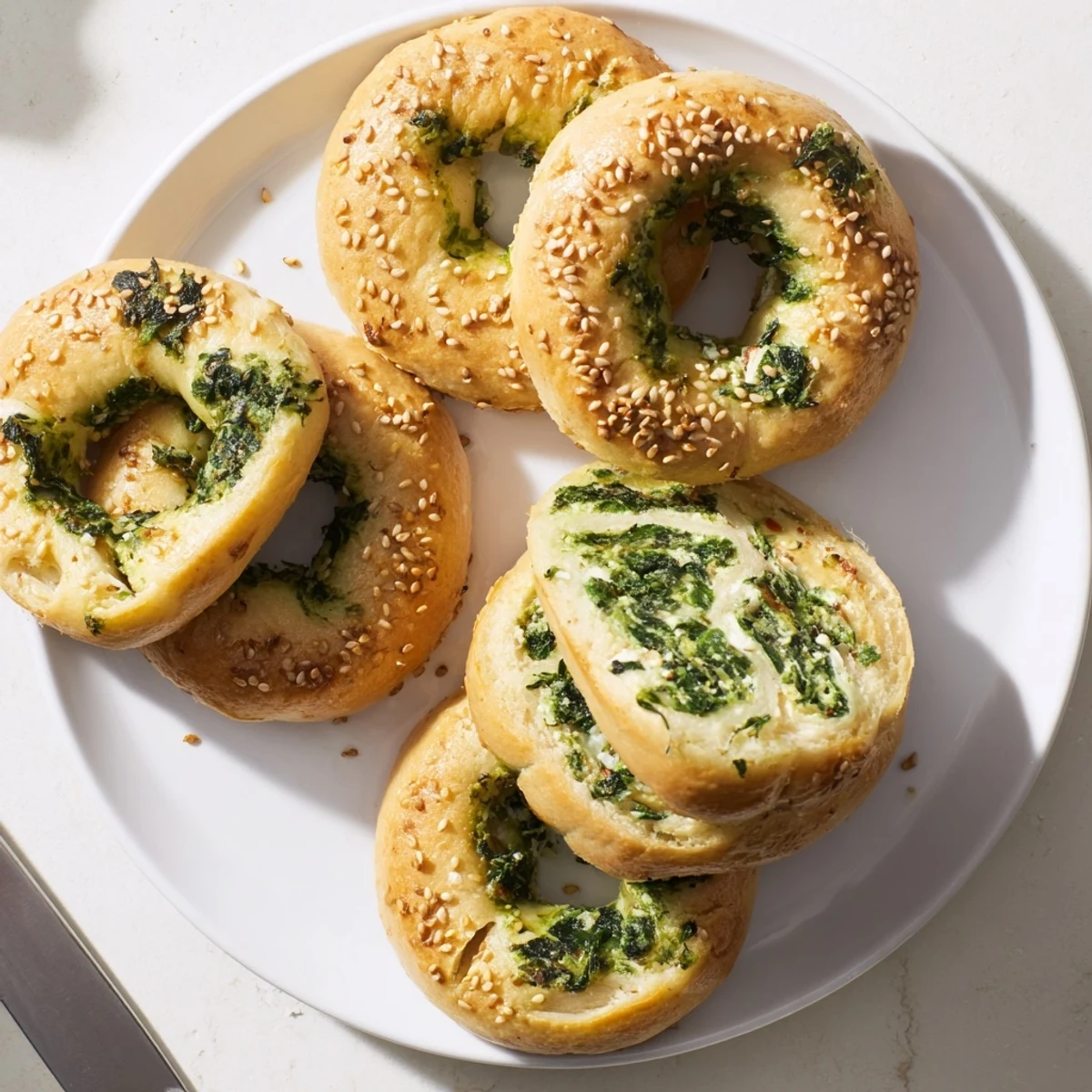 Plated with a pat of butter beside a cup of coffee, these spinach cottage cheese flagels make a satisfying vegetarian breakfast.