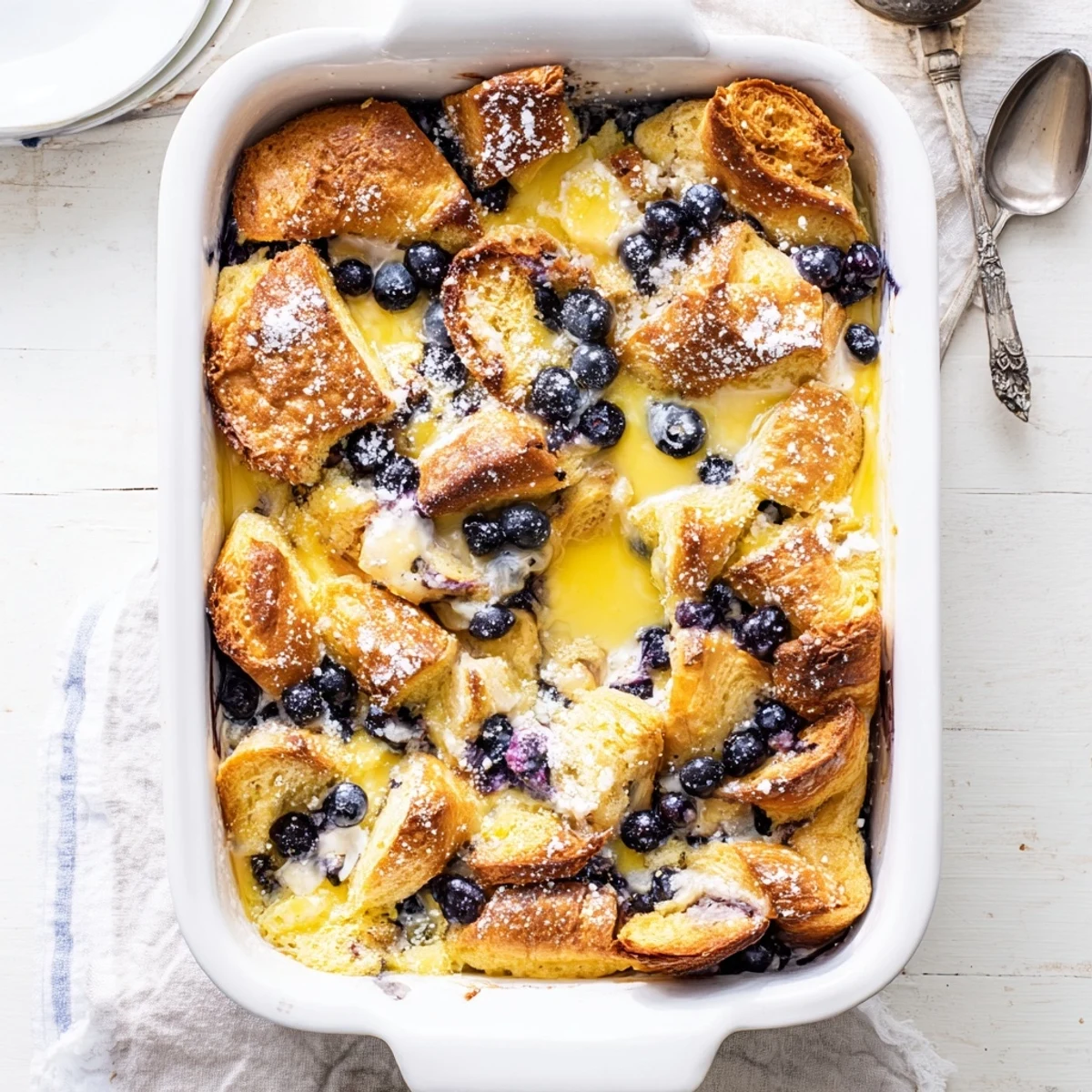 A close-up of Blueberry Cream Cheese Croissant Casserole, with golden, flaky croissant pieces coated in a creamy custard and bursting with juicy blueberries.