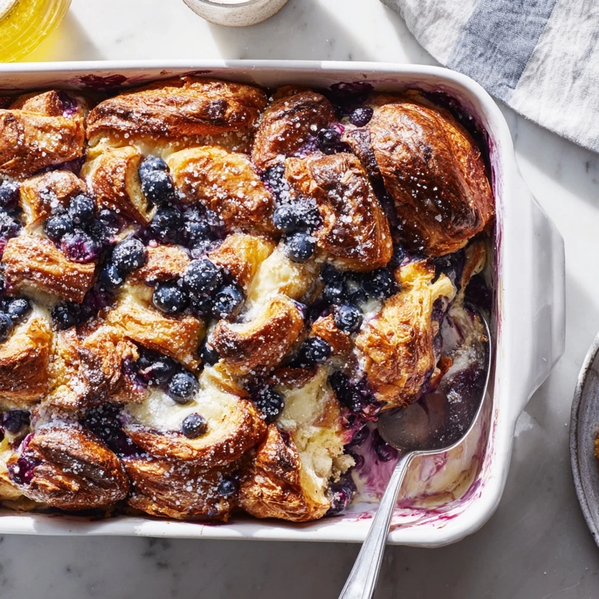 A slice of warm Blueberry Cream Cheese Croissant Casserole on a plate, revealing a rich cream cheese layer and sweet blueberry filling, perfect for brunch.