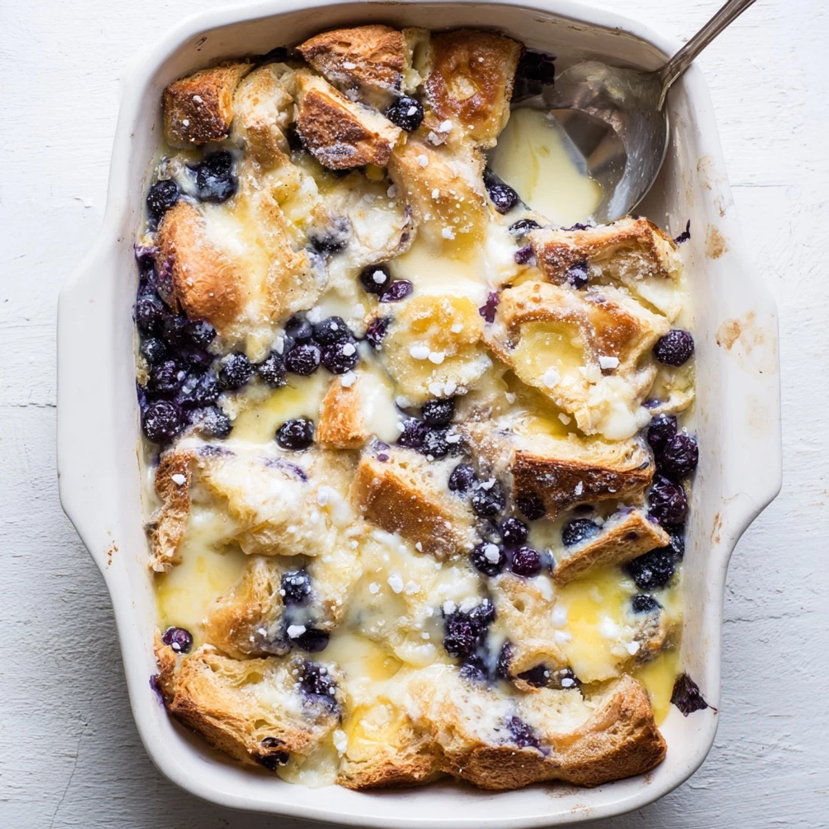 Freshly baked Blueberry Cream Cheese Croissant Casserole in a white dish, topped with sparkling coarse sugar and a pat of melting butter, ready to serve.