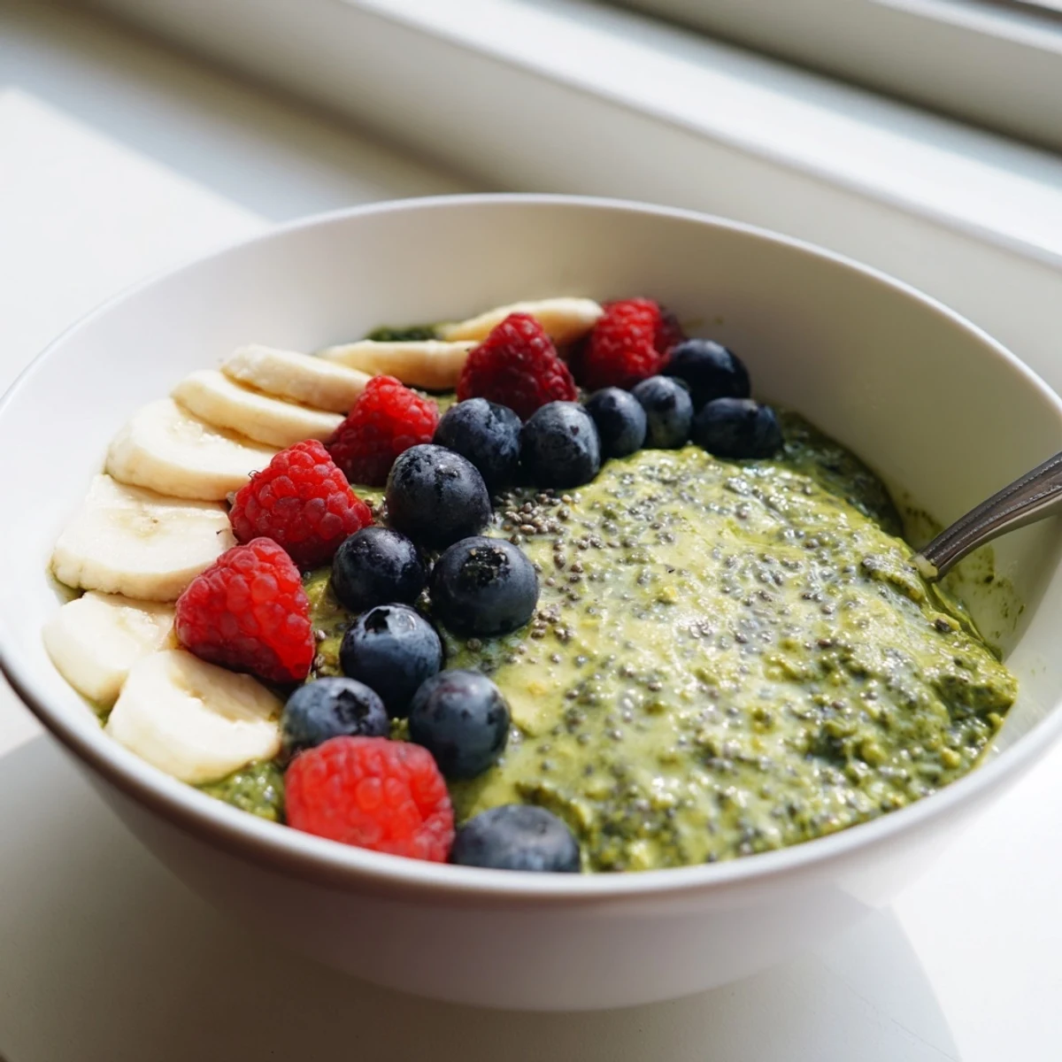 Creamy Matcha Protein Overnight Oats topped with berries and banana in a glass jar.