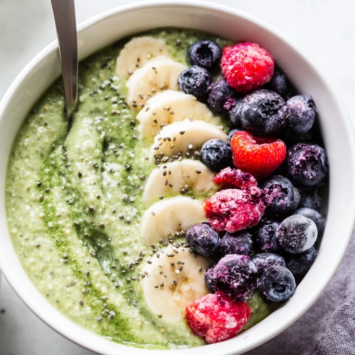 Vibrant green Matcha Protein Overnight Oats with nuts and coconut on a marble counter.