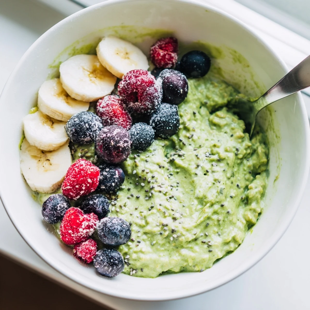 Thick Matcha Protein Overnight Oats with a spoon and milk splash for a healthy breakfast.