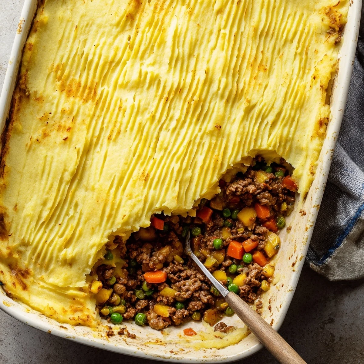 Golden, baked Easy Shepherds Pie with creamy mashed potatoes over savory beef and vegetable filling.
