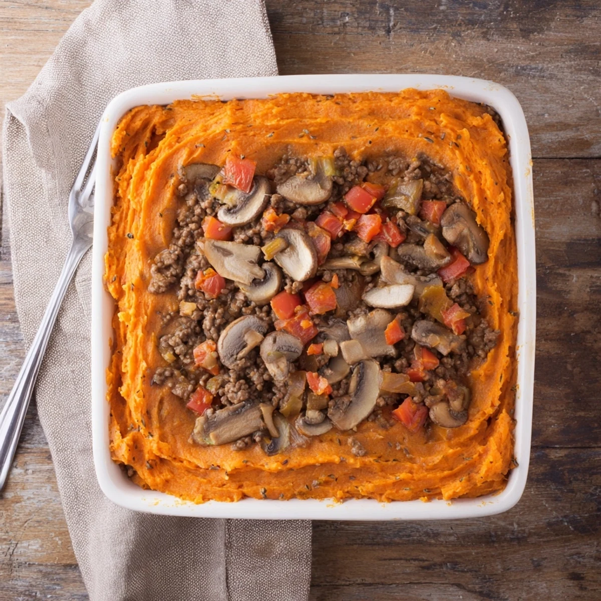 Golden brown sweet potato mash crowns this Beef, Tomato & Mushroom Cottage Pie served in a rustic skillet.