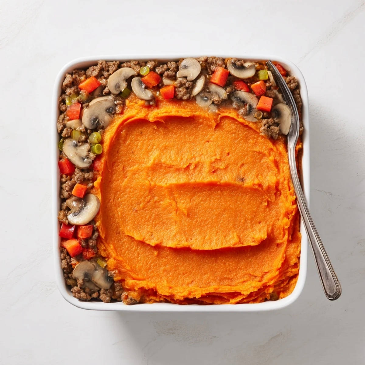 A close-up of Beef, Tomato & Mushroom Cottage Pie with Sweet Potato mash, golden and bubbling on top.