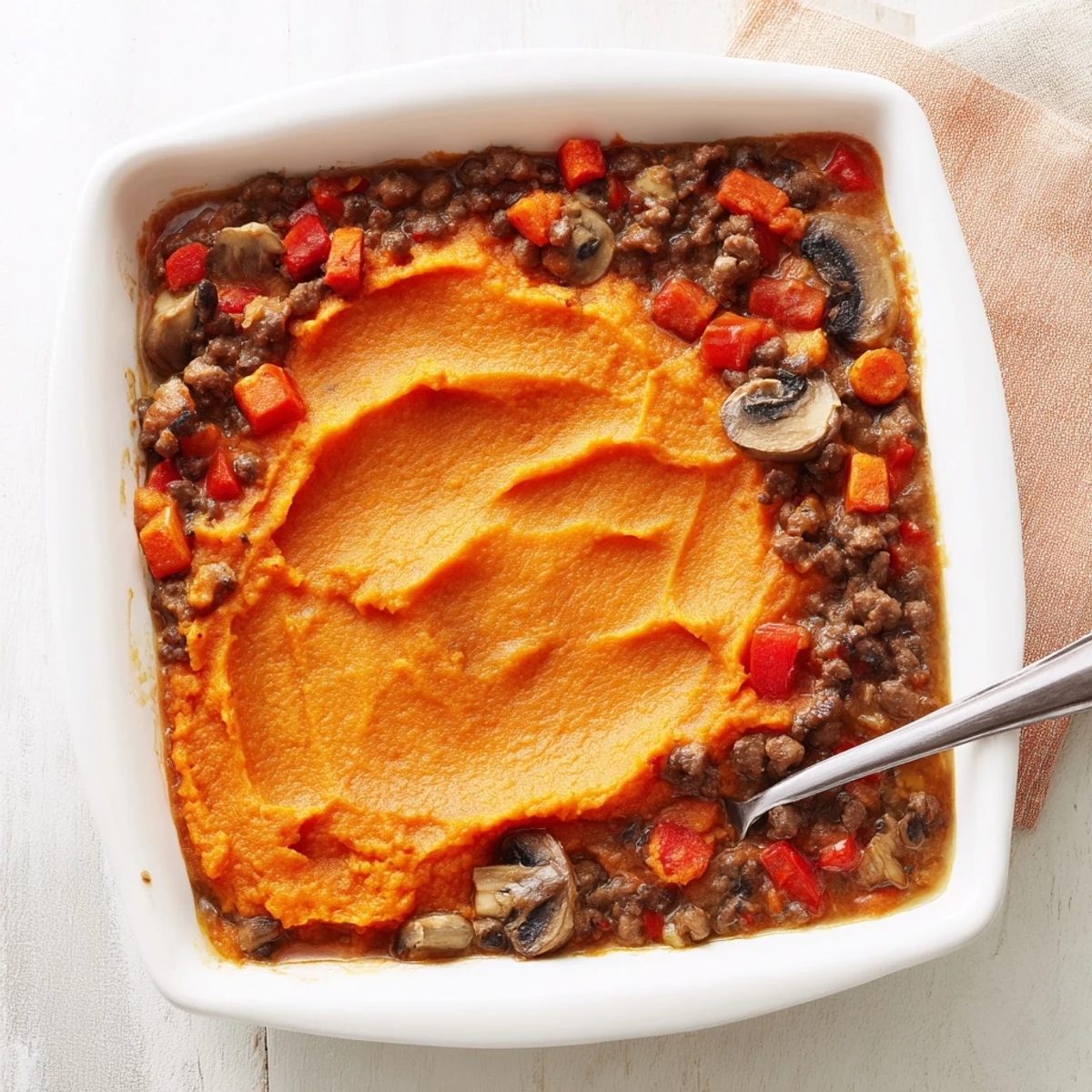 Hearty Beef, Tomato & Mushroom Cottage Pie with Sweet Potato mash ready to serve with a fresh salad.
