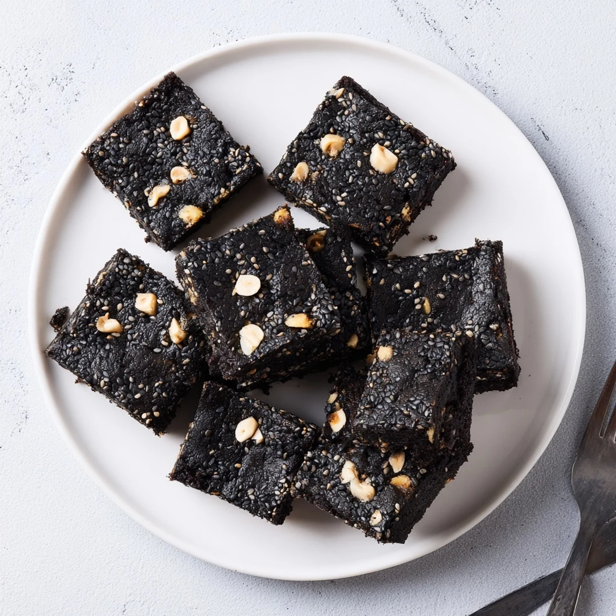 Warmly lit Black Sesame Blondies squares on a marble board, showing a chewy interior and crispy edges.