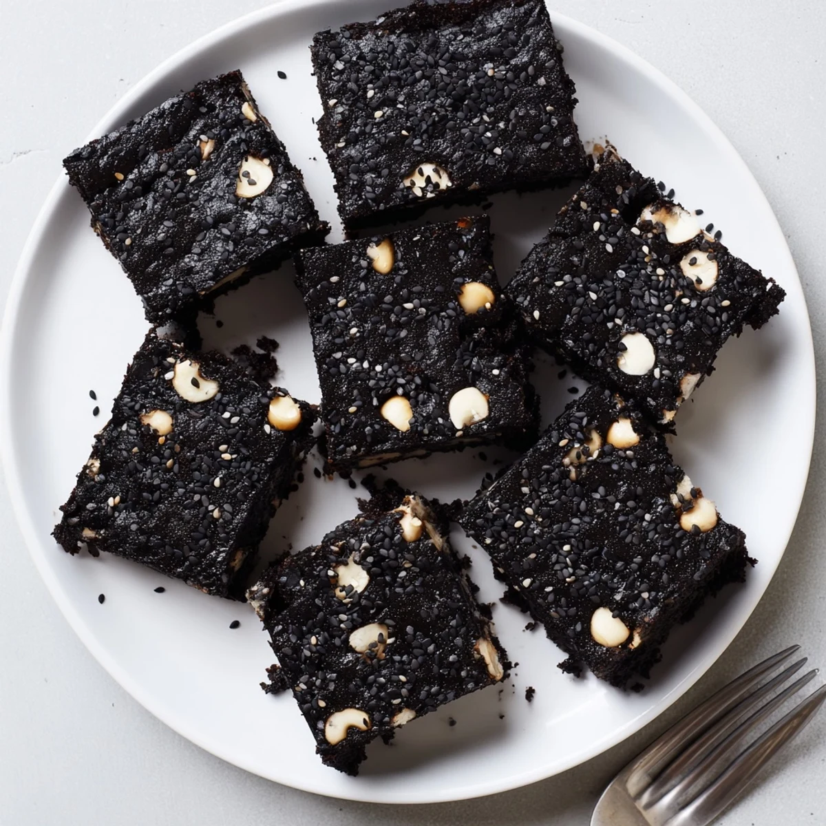 Crumbly Black Sesame Blondies squares topped with whole sesame seeds and white chocolate chips on a rustic table.
