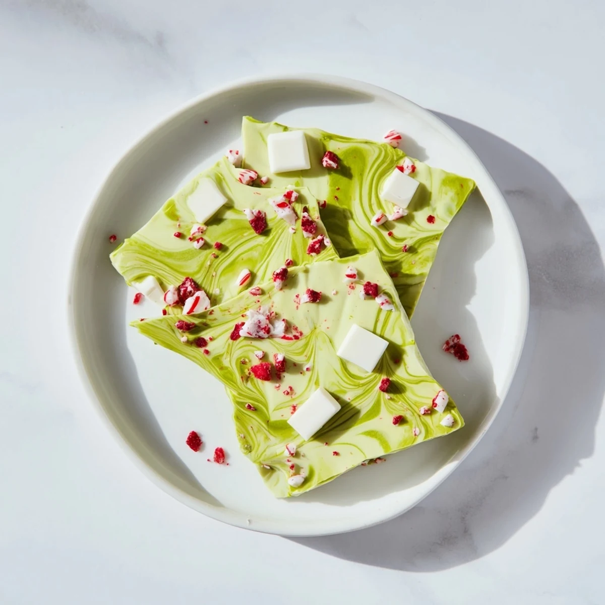 A close-up of green and white swirled Matcha Peppermint Bark with a refreshing minty aroma.