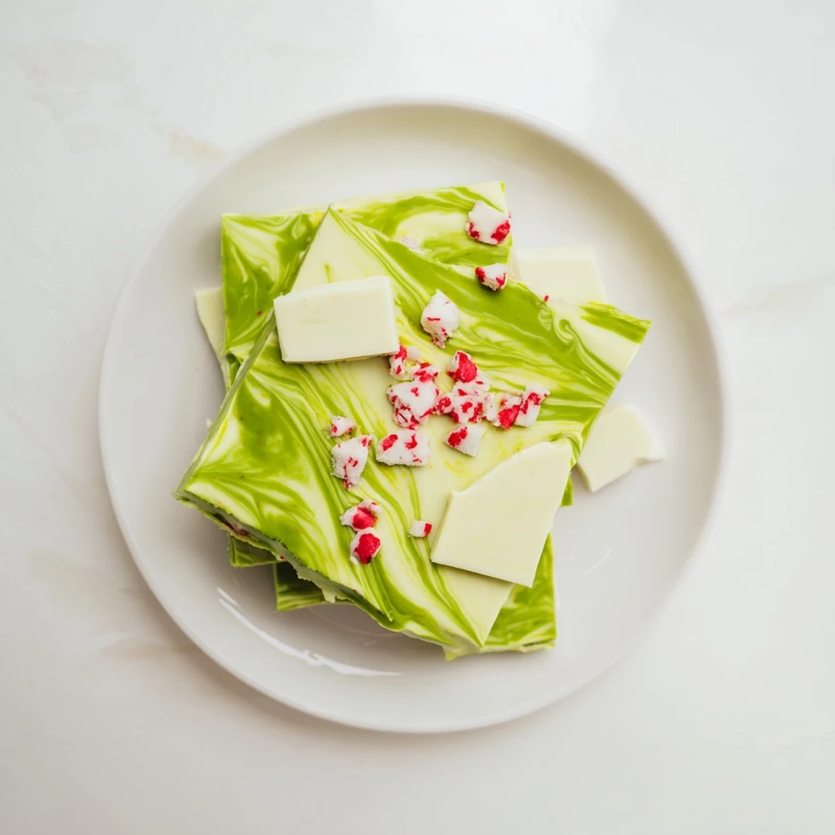 Festive Matcha Peppermint Bark pieces with white chocolate and crushed candy cane topping on a wooden board.