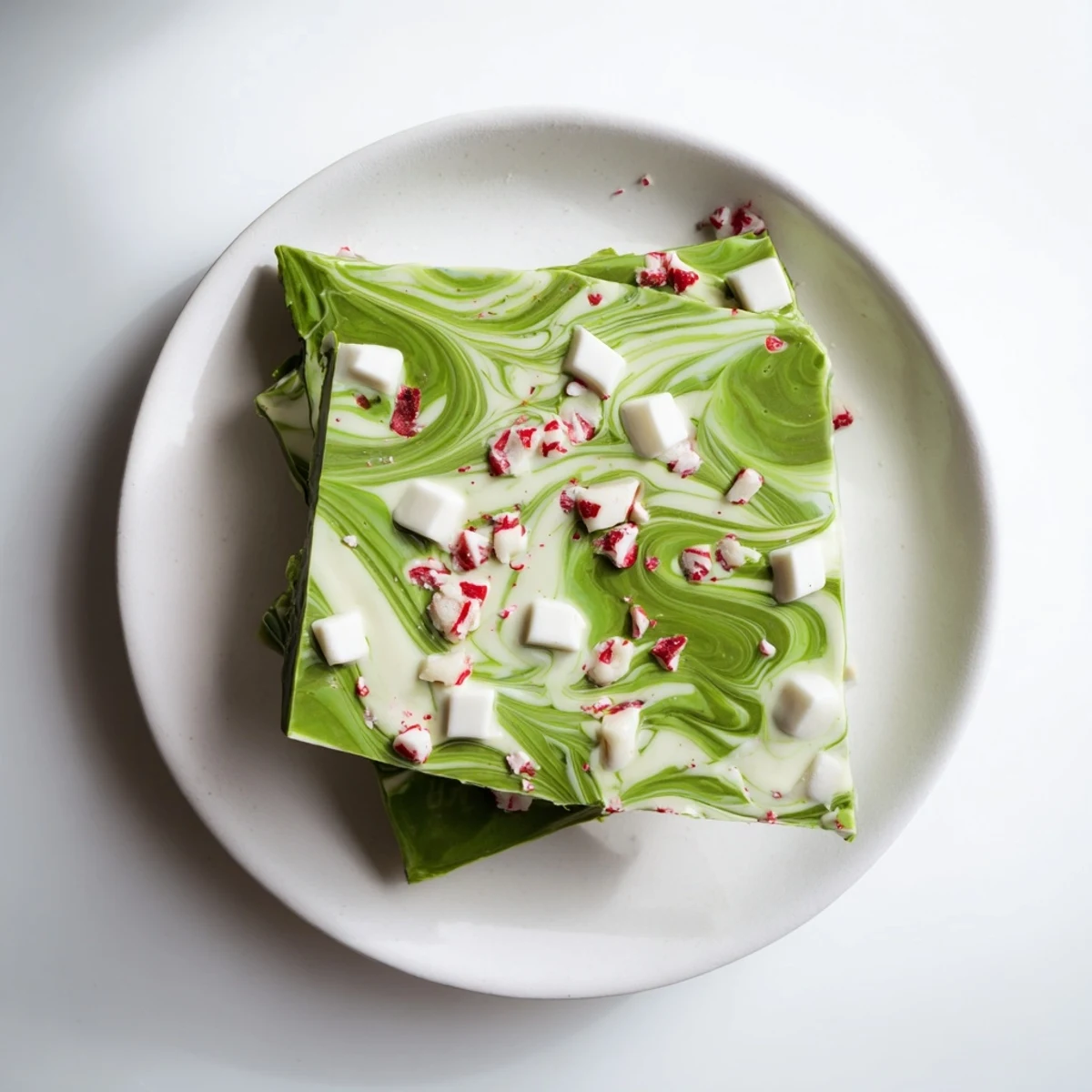 Homemade Matcha Peppermint Bark arranged on a holiday platter, perfect for gifting or dessert.