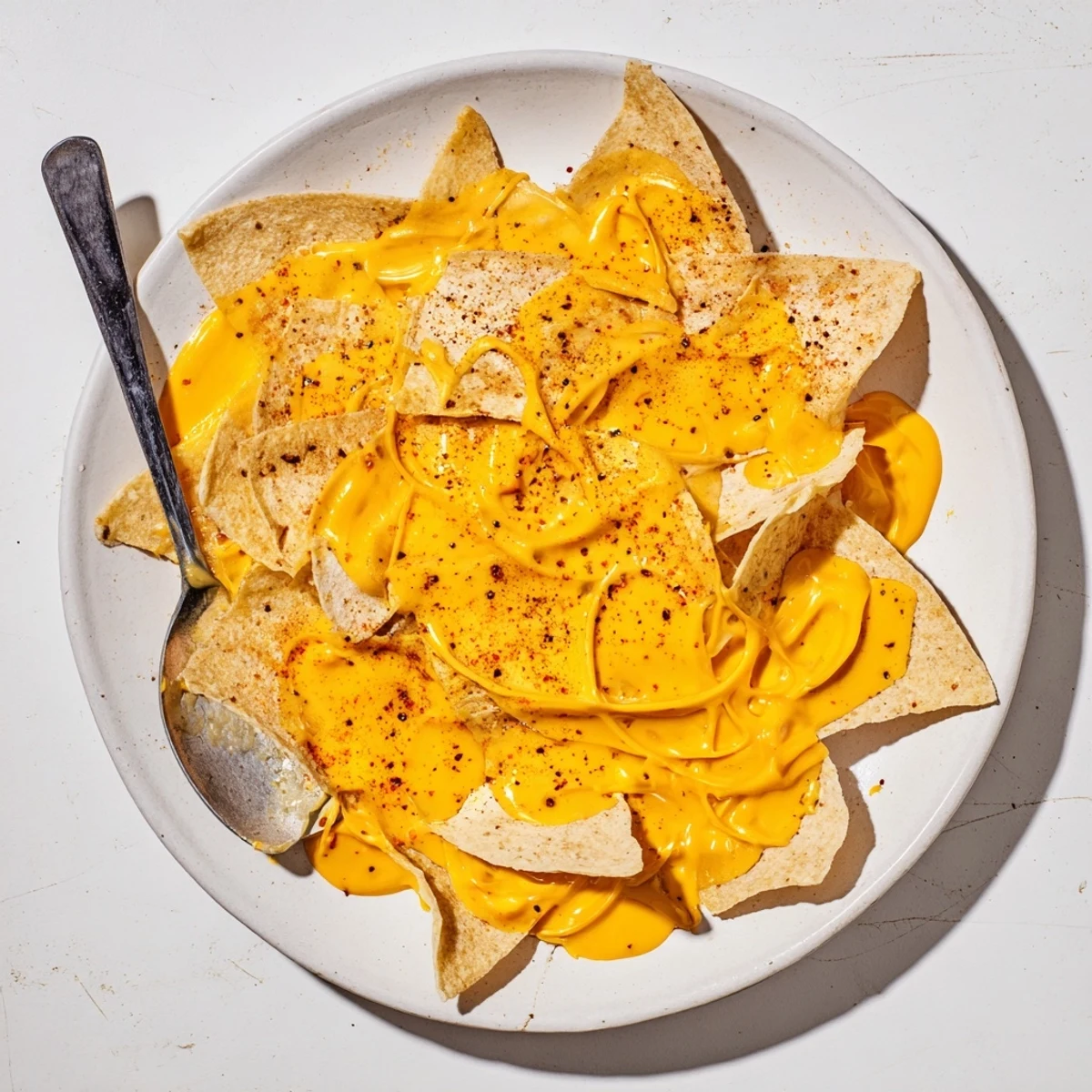 Bright orange Snappy Cheddar Sauce bubbling in a saucepan, rich and tangy with a hint of spice for nachos.