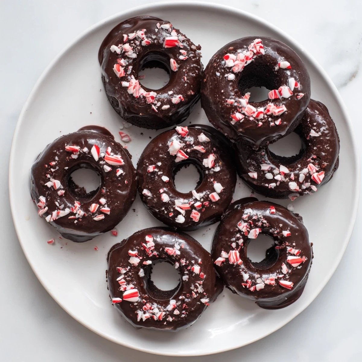 Twelve festive chocolate peppermint mochi donuts sit on a wire rack, drizzled with rich cocoa glaze and crushed candy canes.