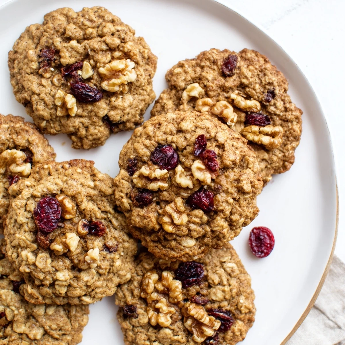 Warmly spiced Chai Oatmeal Craisin Cookies on a cooling rack, with cranberries and walnuts visible.
