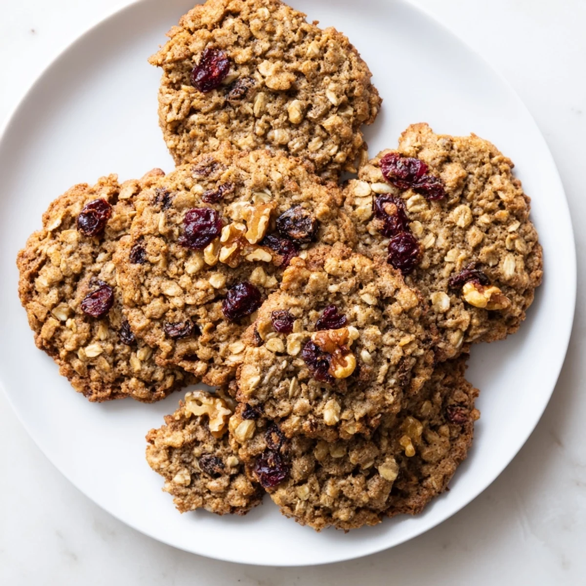 Stack of golden Chai Oatmeal Craisin Cookies showing oats and red cranberries, ideal for an afternoon treat.