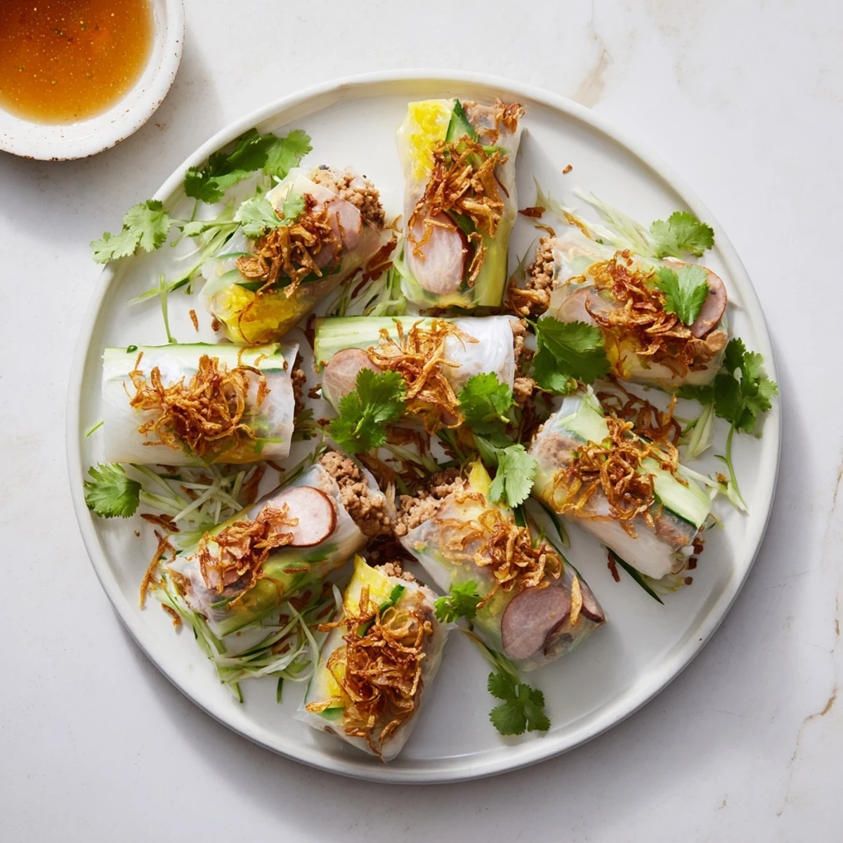 Steaming hot Banh Cuon rice rolls topped with crispy fried shallots, cilantro, and sliced cucumber, paired with a tangy nuoc cham sauce.