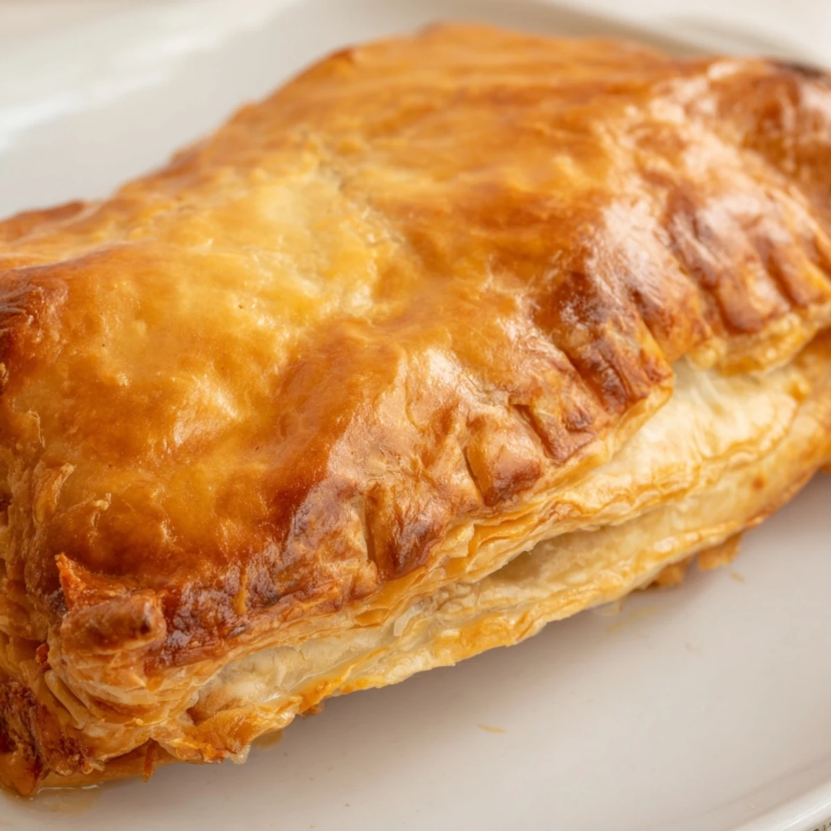 Golden-baked Pate Chaud pastries sit on a white plate, steam rising from the flaky puff pastry and savory pork filling.