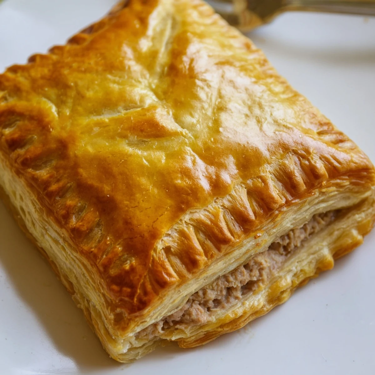 Close-up of Pate Chaud with crimped edges and golden crust, served with a small dish of spicy dipping sauce.