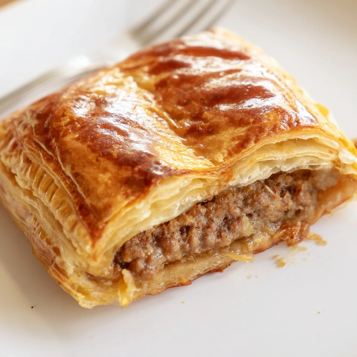 Freshly baked Pate Chaud pastries arranged on a wooden board, revealing the tender, seasoned ground pork inside.