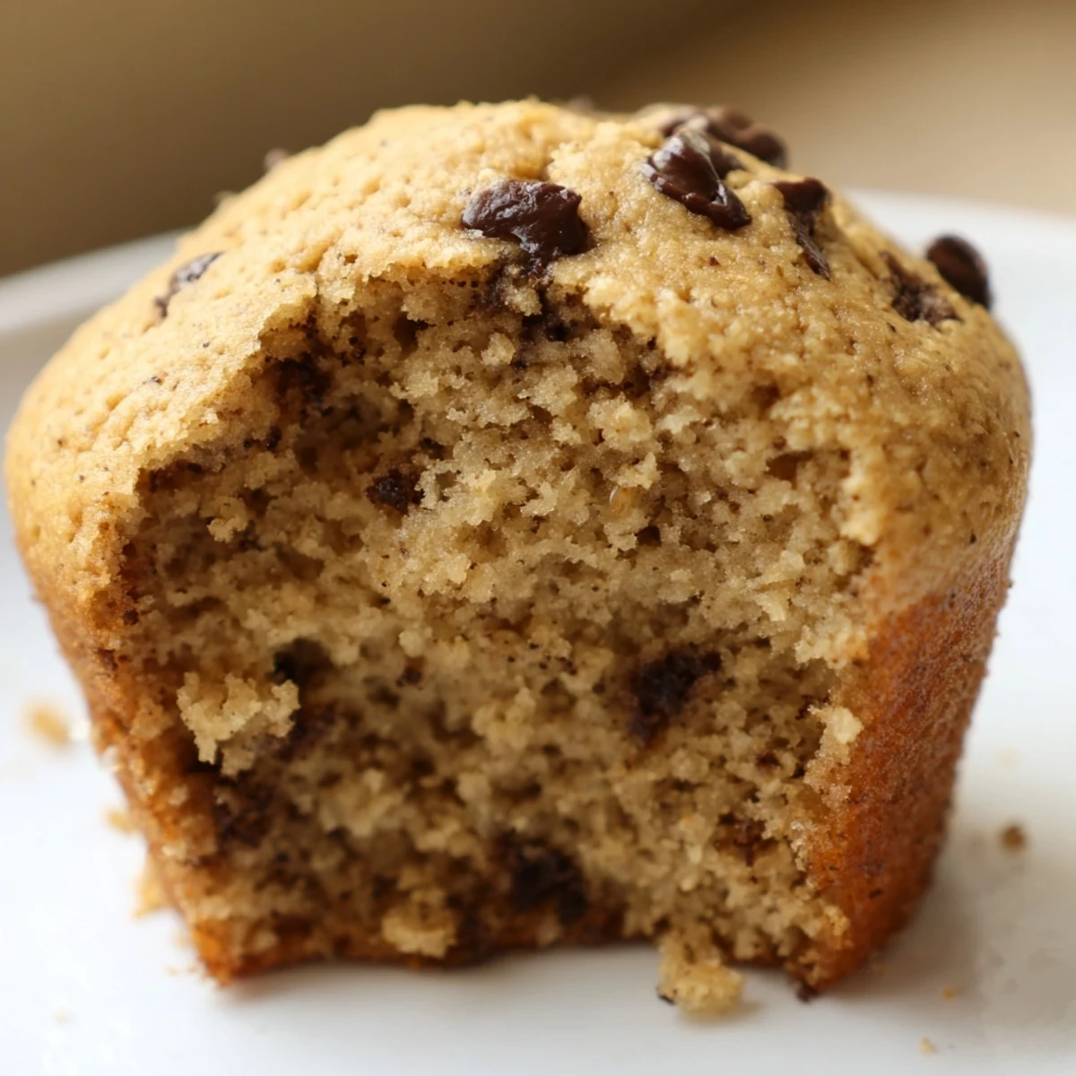 Golden-brown French Roast Coffee Muffins with Mochi Flour rest on a cooling rack, their tops studded with melty chocolate chips.