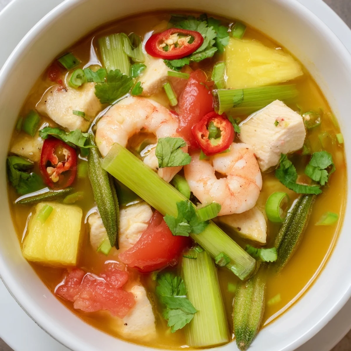A vibrant bowl of Canh Chua soup features tender fish chunks and pineapple pieces in a clear, tangy broth with fresh herbs.