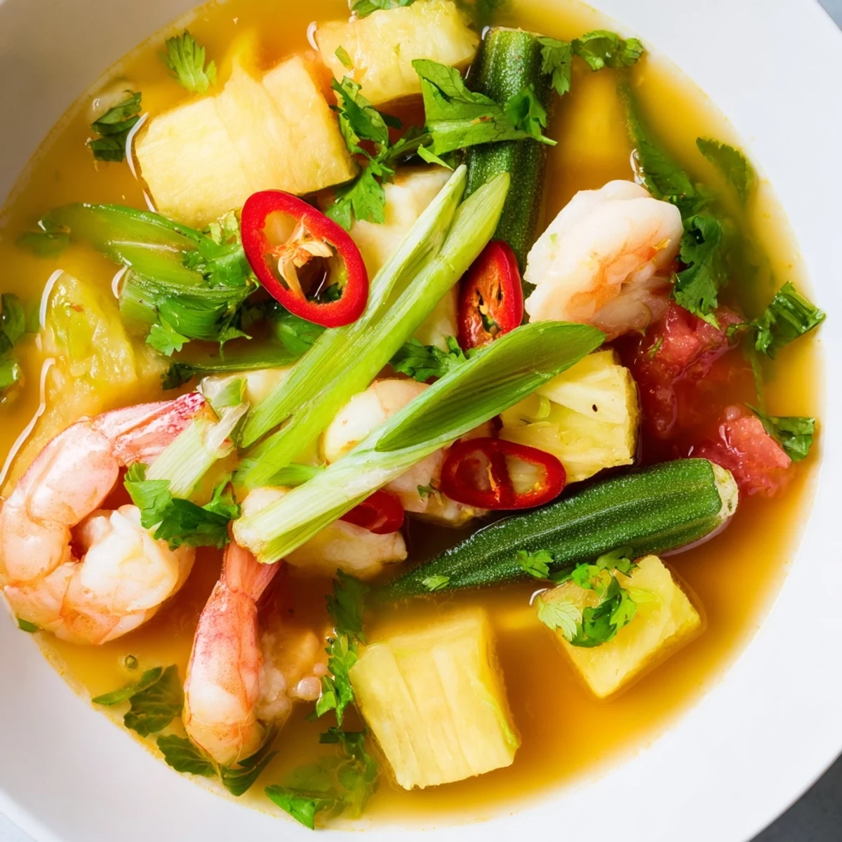 In a white ceramic bowl, Canh Chua is served steaming hot with fish, tomatoes, bean sprouts, and a spoonful of rice nearby.