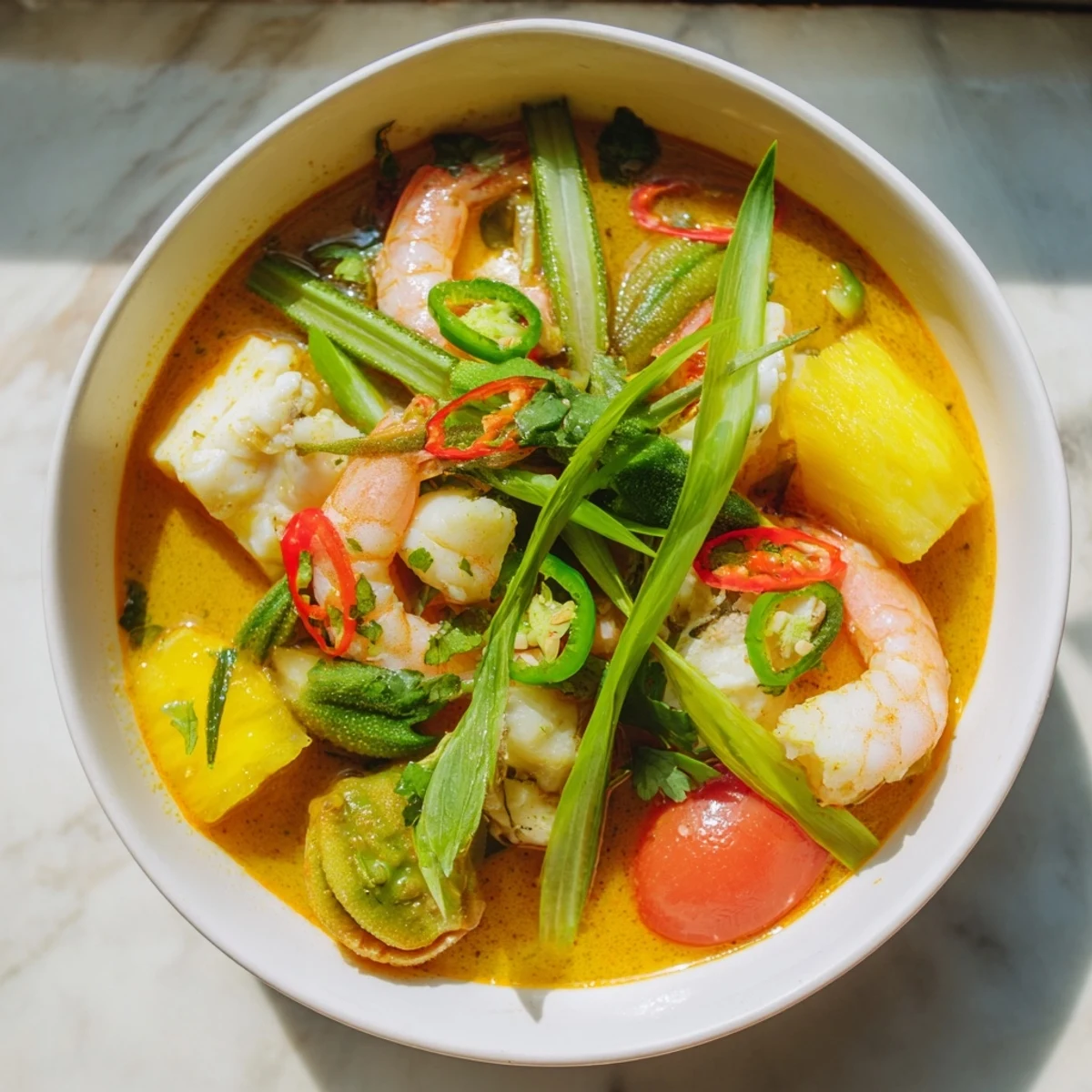 Close-up of Canh Chua reveals shrimp and celery slices, topped with cilantro and Thai basil in a savory, sweet-sour broth.