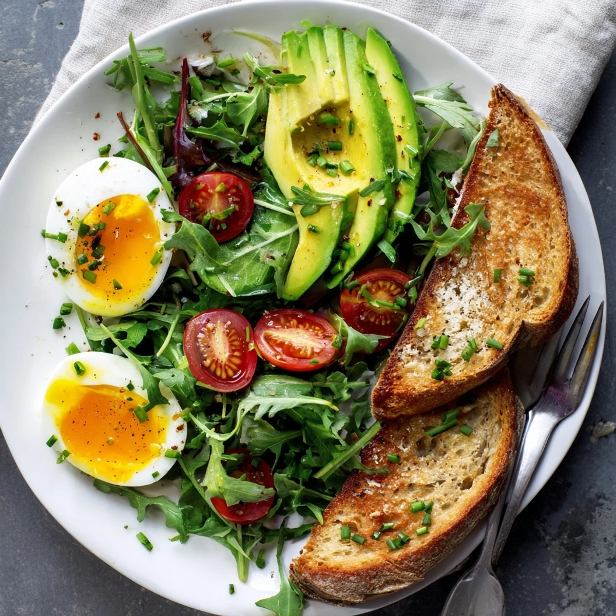 Bright cherry tomatoes and sliced avocado top the Savory Breakfast Plate, with soft eggs and toasty bread beside fresh greens.