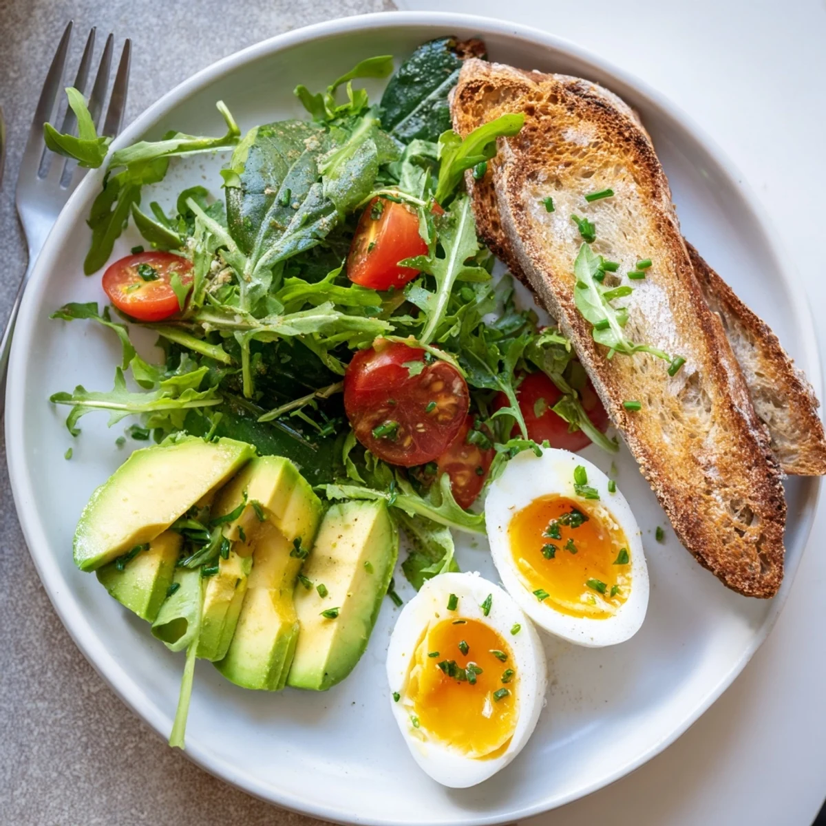 Freshly peeled soft-boiled eggs rest on crisp toast and greens for this Savory Breakfast Plate, drizzled with lemony dressing.