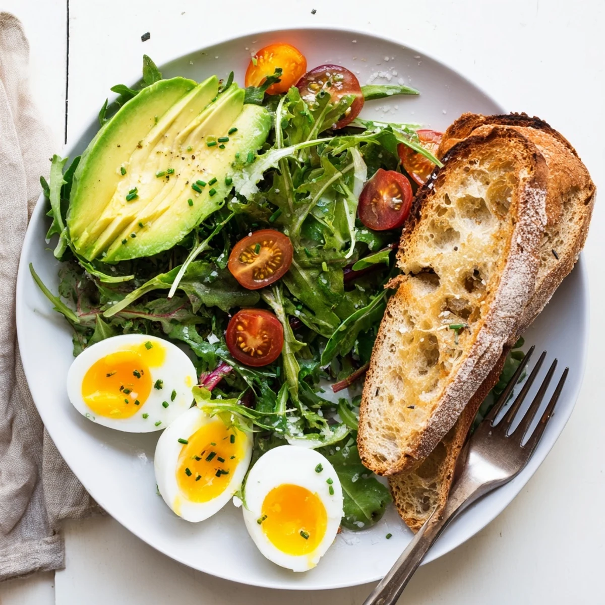Golden artisan toast cradles creamy avocado and soft-boiled eggs in this Savory Breakfast Plate, finished with chives and sea salt.