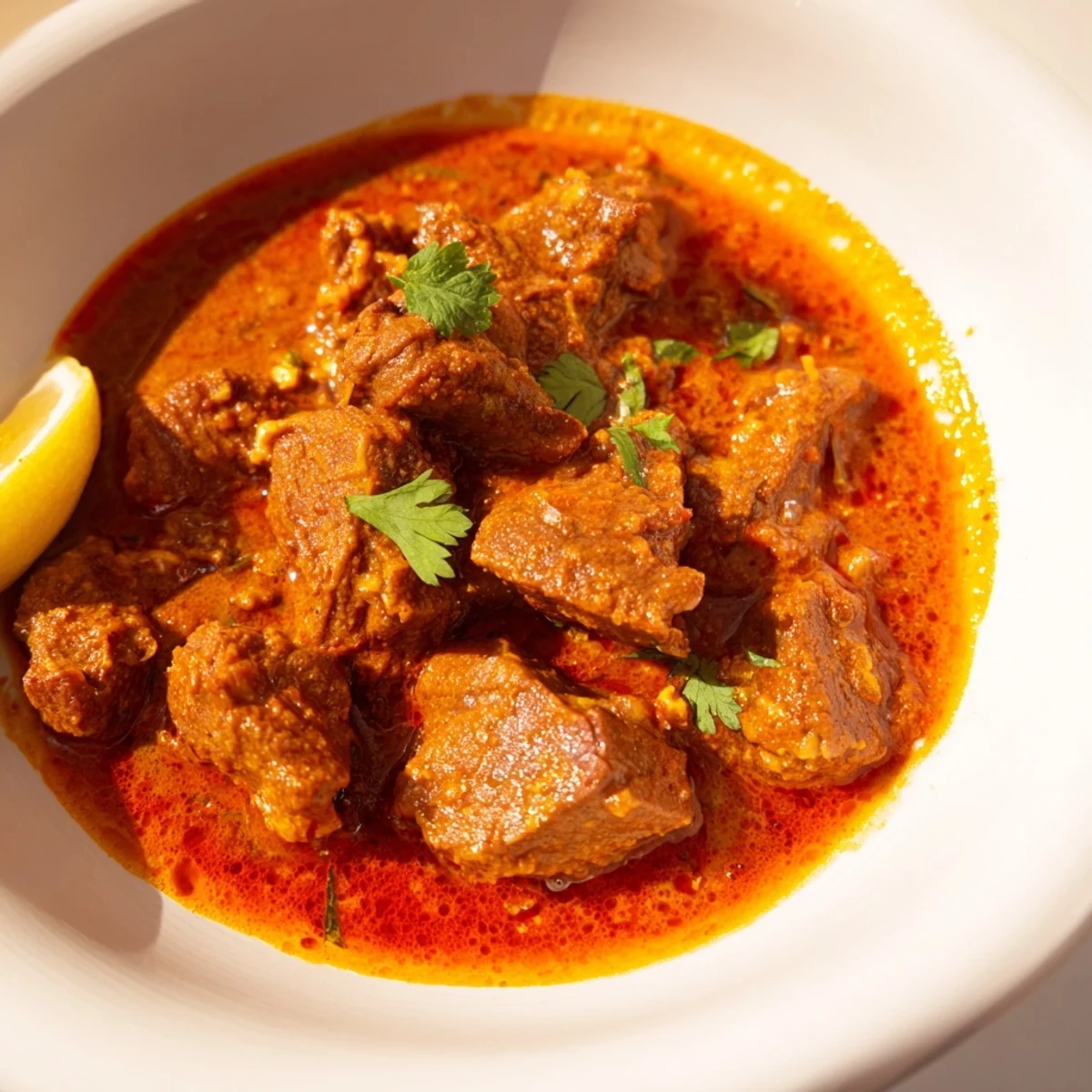 Indian Beef Curry with Tomato Gravy simmered in a rich, aromatic sauce with tender beef chunks served over basmati rice.