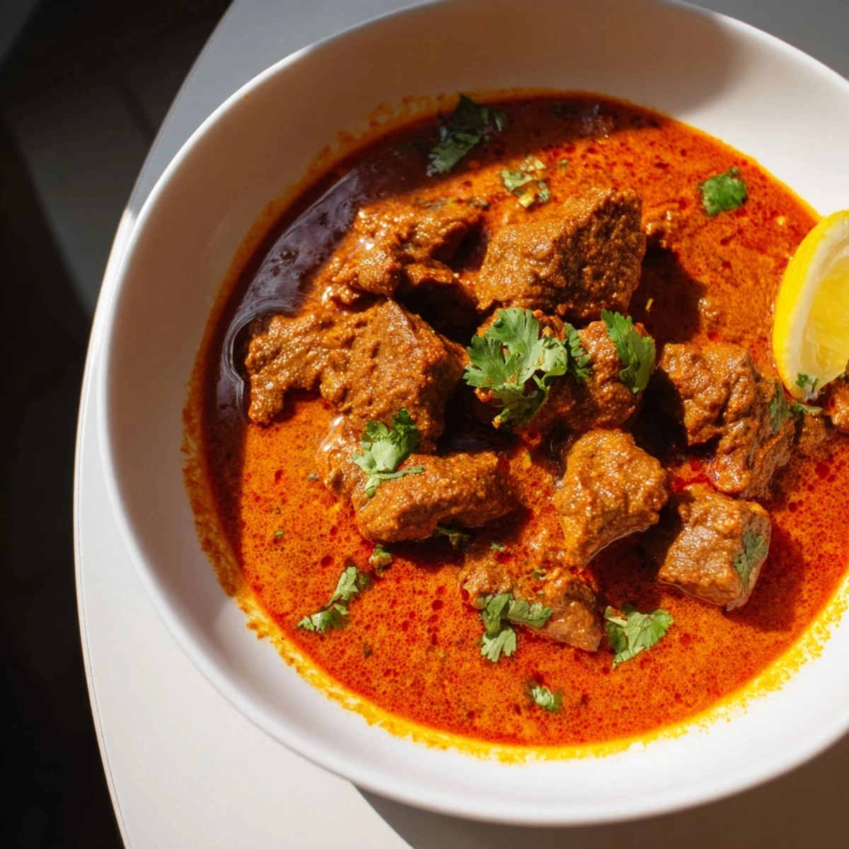 Sizzling Indian Beef Curry with Tomato Gravy featuring spiced tender beef in a deep red gravy, ready to serve.
