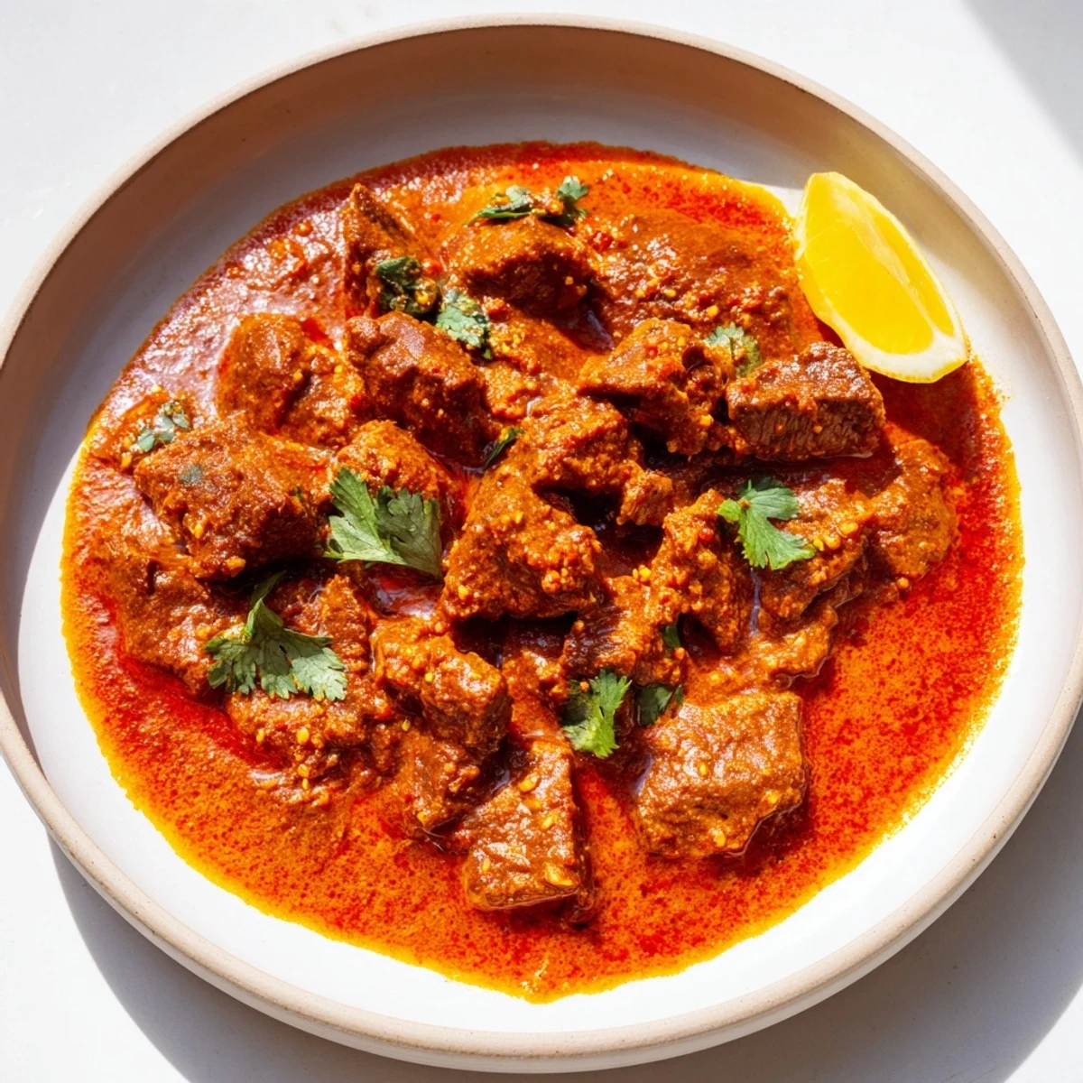 Hearty Indian Beef Curry with Tomato Gravy garnished with cilantro and lemon wedges, perfect alongside warm naan bread.