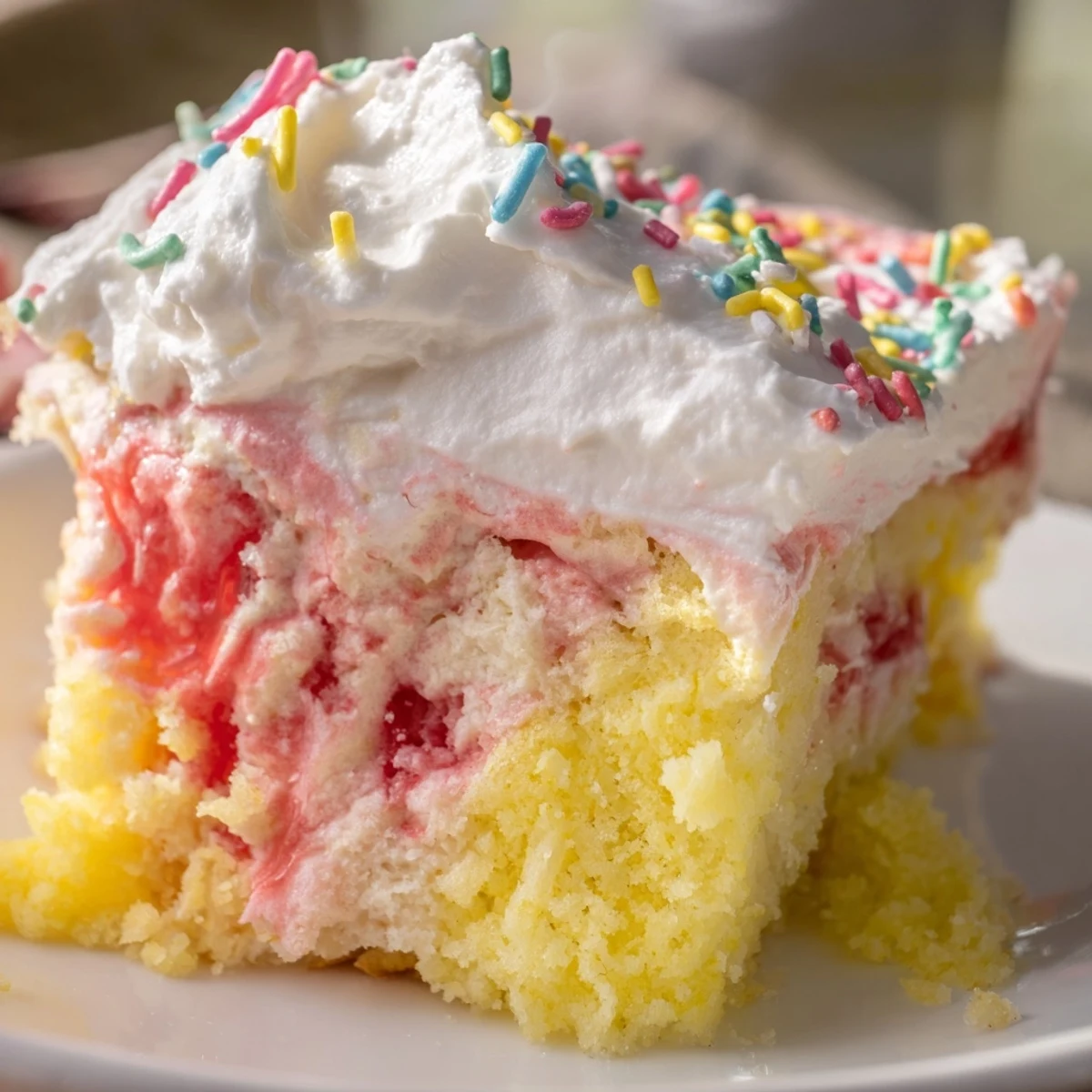 Moist vanilla cake with vibrant pink and yellow gelatin, topped with whipped cream and pastel sprinkles.